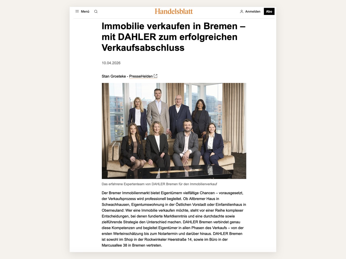 Artículo sobre la venta de inmuebles en Bremen con DAHLER
